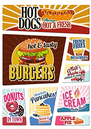 Retro Kühlschrankmagnete im 8er Set zum Thema: American Diner Amerika Fast food