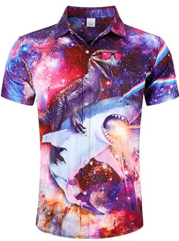 RAISEVERN Galaxy Mens Shirts 3D Printed Hawaiian Funny Dinosaur Shark Funky Stag Bright Ugly Holiday Bad Taste Crazy Shirt Rave Awful Gifts, L