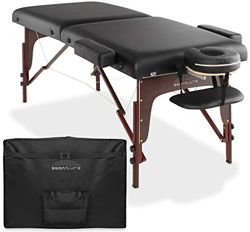 Saloniture Professional Portable Lightweight Bi-Fold Memory Foam Massage Table with Reiki Panels - Includes Headrest, Face Cradle, Armrests and Carrying Case - Black