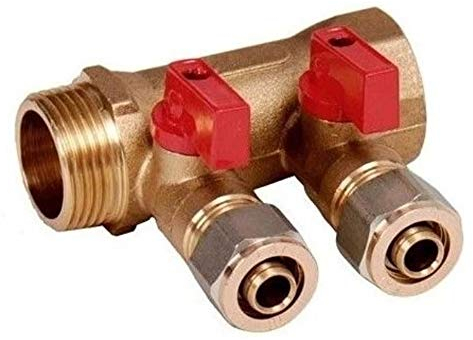 Sanitär Messing Verteiler mit Absperrventilen PEX klemmring 16mm 1 (2 Kreise - red)