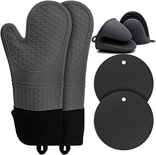 Gants de Four, Gant de Cuisine Silicone Résistant à Chaleur avec Mini Maniques Cuisine et Dessous de Plat, Antidérapants et Imperméable, Gants de Cuisine pour Griller, Cuisiner, Cuire - Noir, 6 Pièces