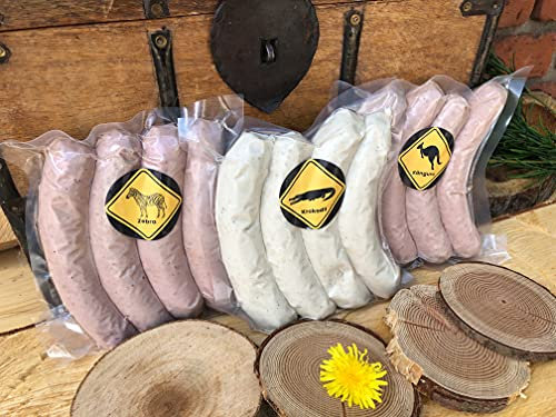 Metzgerei R. Heeg Exoten Bratwurst Paket (Zebrabratwurst, Kängurubratwurst und Krokodilbratwurst), Würzig