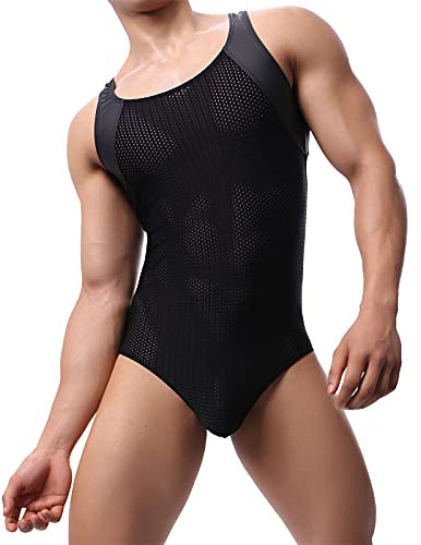 YUFEIDA Herren Sexy Wrestling Singlet Slim Fit Boxer Overall Einteiler Sportshirt Atmungsaktiv Unterwäsche Leotard Bodysuit, Schwarz, L