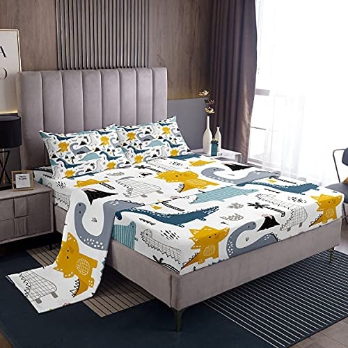 Set di lenzuola con dinosauro, set di biancheria da letto con dinosauro, set di biancheria da letto per bambini, animali con angoli, motivo cartone animato, 3 pezzi,