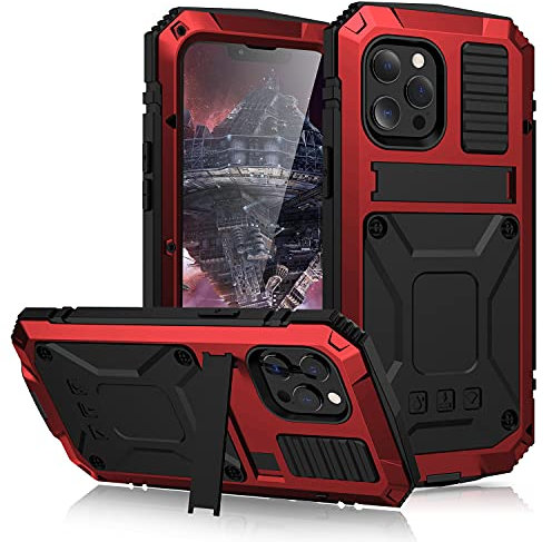 ANROD Custodia rigida per iPhone 13 Mini, impermeabile, antiurto, in alluminio, metallo, Gorilla Glass, militare, resistente, robusta, con cavalletto (13 Mini, rosso)