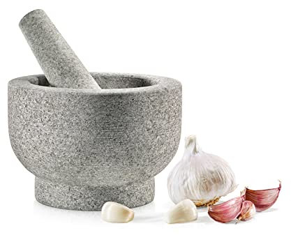 NutriChef Mortero y Maja de 15,2 cm - Granito sin pulir 100% natural - Cuenco de piedra mocajete antideslizante - Para preparar guacamole fresco, salsa, hierbas y especias - Capacidad de 2