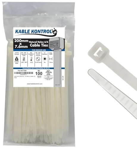 Kable Kontrol Natural White Cable Ties, 200 mm x 7.6 mm, Pack of 100, 8 Premium Nylon Zip Ties, Multi-Purpose Plastic Tie Wraps, Secure Self-Locking Mechanism, for Home, Garden, Office and DIY