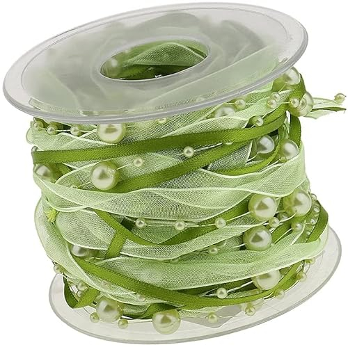 10M Perlenband Chiffon-Band und Organza-Spitze-Band-Dekoband Spitze Zierband für Hochzeits-Blumen- Nähen Handwerk Verpackung (green)