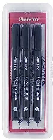 Aristo AR23533 Pigment Liner Set 3-teilig (3 Fineliner in den Strichstärken 0,30/0,50/0,70 mm, hochpigmentierter Tinte, licht- und wasserbeständig, metallgefasste Spitze) schwarz