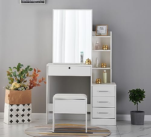 JYMTOM Schminktisch mit Beleuchtung Spiegel, Verstellbarer Helligkeit, moderner Frisiertisch mit 4 Schubladen rechteckiger Kosmetiktisch, für Make-up, Schlafzimmer, 144 * 87 * 40 cm H*B*T (weiß D)