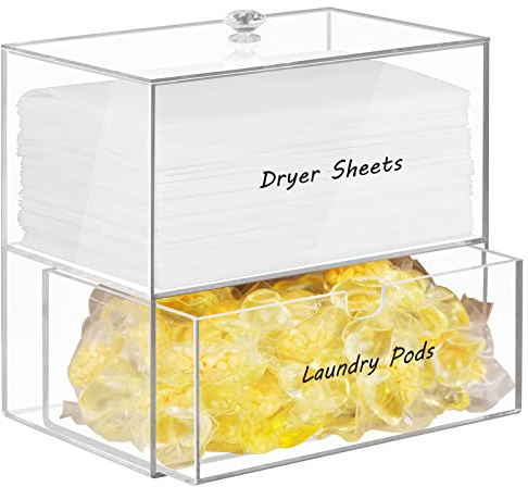 Acrylic Dryer Sheet Holder and Dispenser - Laundry Room Organization Box for Fabric Sheets, Dryer Balls, Clothes Pins, Laundry Pods