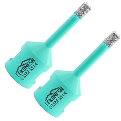 LEKOMESH Diamond Core Drill Bits 2pc - 6MM Hole Saw for Porcelain Ceramic Tile Marble Granite Stone Quartz - M14 Thread for Angle Grinder - Vacuum Brazed - Mint Green