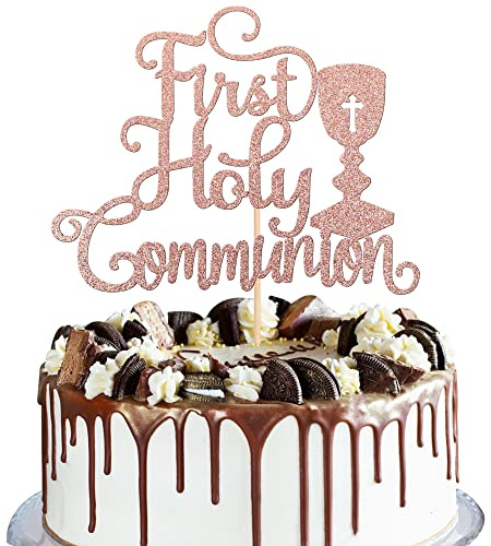 Xsstarmi 1 Pcs First Holy Communion Cake Topper Rose Gold Glitter Christian Baptism Cake Pick God Bless First Communion Theme Shower Party Cake Decorations Supplies