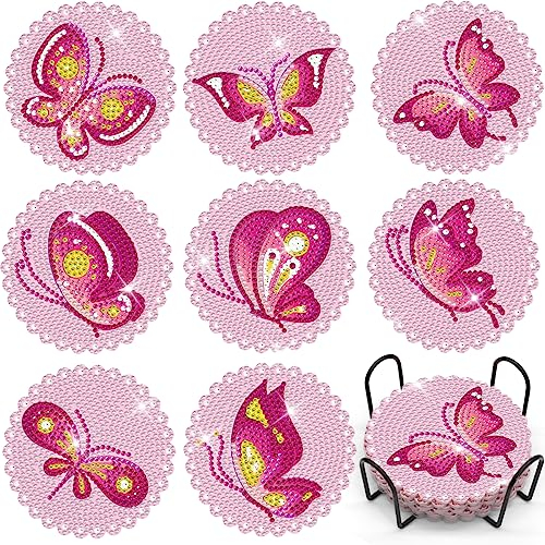 HNOOM 8 Stück Diamond Painting Untersetzer, DIY Diamond Painting Coasters mit Halter, Tassenuntersetzer zum Basteln, Diamant Painting Runde Glasuntersetzer Kit für Getränke, Tassen, Vasen (017)