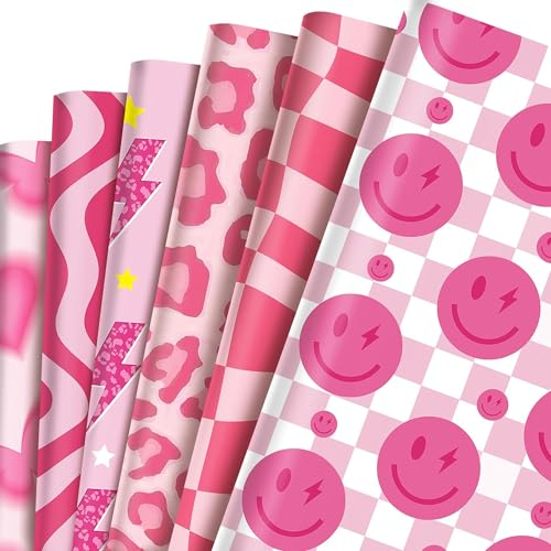 Bolsome Geschenkpapier mit pinkem Smiley-Motiv, 12 Blatt, rosa Smiley, Blitz, Leoparden- und Schmetterlingsmuster, Geschenkpapier für Anfang der 2000er Jahre, y2k Junggesellinnenabschied, Hochzeit,