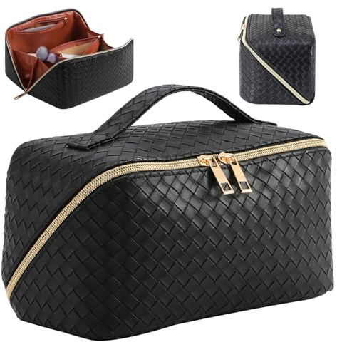 Grande Trousse de Toilette Femme Voyage Capacité,Pochette Trousse Maquillage Voyage XXL en Cuir PU,Makeup Bag Organizer Trousse Rangement Maquillage pour Femmes Fille(Tissé-Noir)