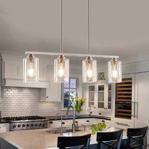 Mecgirn Lámpara de isla para cocina, lámpara de comedor de 4 luces con pantalla de vidrio transparente, lámpara de araña lineal de níquel cepillado, iluminación colgante sobre mesa para mesa de
