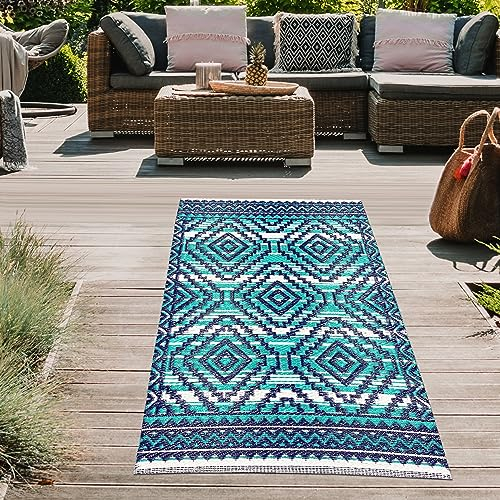 Teppich-Traum Outdoor Teppich Kunststoff wetterfest langlebig Vorzelt Campingmatte Läufer Balkon Garten Terrasse türkis/blau 90 x 150 cm