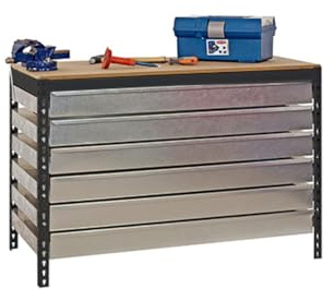 SimonRack BT5 Werkbank für Werkstatt, Gewicht 400 kg, 842 x 910 x 610 mm, Arbeitstisch, 6 Schubladen, Anthrazit/Madera