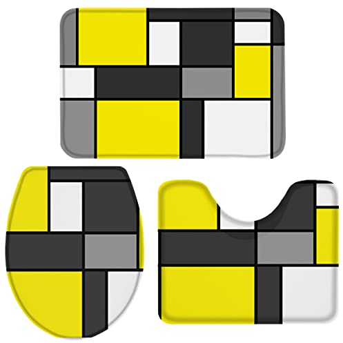 Wc Vorleger Set 3 Teilig Gelb, Grau Und Weiß Badteppich-Set 3-Teilig Moderne Kunst Badvorleger rutschfeste Badvorleger Toilettensitz Dreiteiliges Für Badezimmer Wc-Deckelbezug Wc
