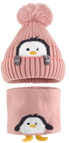 MASOCIO Wintermütze Baby Mütze Schal Set Kinder Mädchen Winter Herbst Warme Babymütze mit Bommel Kindermützen Loop Strickmütze Fleece Beanie Hat 1-3 Jahr Rosa