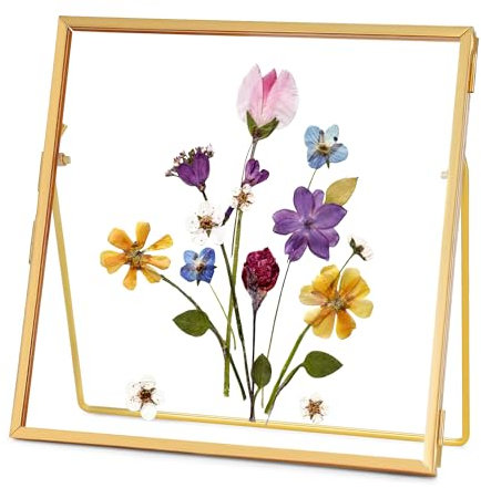REDHUGO Cadre en verre pour fleurs pressées fait à la main, double cadre en verre, cadre de table, cadre photo simple en métal géométrique flottant en verre, carré, doré, 10,2 x 10,2 cm