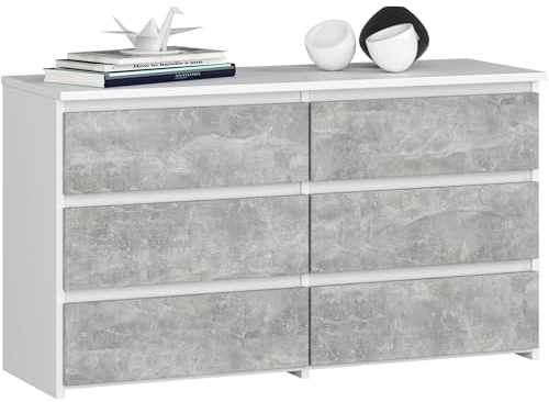 AKORD | Kommode CL-100 mit 6 Schubladen | Komodenschrank | Funktional | Für Wohnzimmer | Für Schlafzimmer | Langlebig | Rollenführung | ABS-Kante 35x100x57cm | Weiß + Beton Front
