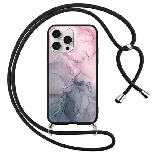 Foonary Funda con Cuerda para Apple iPhone 15 Pro MAX 6,7, Carcasa Ultrafina Silicona Aesthetic Dibujos Case con Ajustable Collar Correa de Cuello Cordón Cover para iPhone 15 Pro MAX, Marmol 4