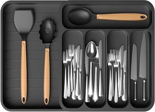 NLMWTI Organisateur de Tiroir Réglable pour la Cuisine, Grand Range-Couverts Extensible, Organisateur Tiroir Idéal pour Vos Rangement et Organisation de Cuisine, Noir