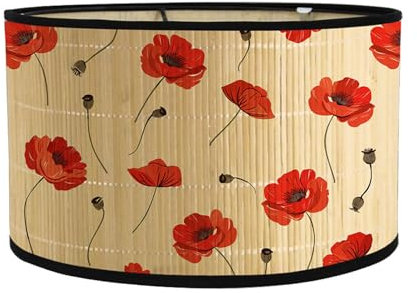 Morbuy Pantalla Lampara Mesa Bambu, Patrón Flores Pantalla Lampara de Tambor Pantalla Lámpara Cilíndrica Diámetro 30cm Pantalla para Lámpara de Pie Retirable para Dormitorio (Pétalos rojos)