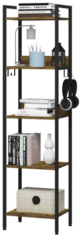 WOLTU Libreria a 5 Ripiani, Scaffale con 4 Ganci Industriale, Scaffale a Scala in MDF e Metallo per Soggiorno, Cucina, Studio, Ufficio,Nero,40x30x152,5cm RGB932hov