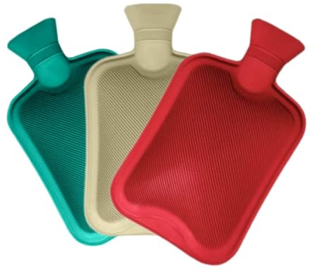 Pack of 3 Hot Water Bottles - Natural Rubber 2 Litre Capacity - 3 Colours in Pack (Red, Cream and Green)