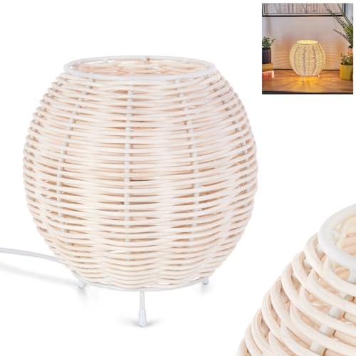 Tischleuchte Malpica, Tischlampe aus Metall/Rattan in Beige/Weiß, Leuchte im Boho-Design mit Schirm aus Rattan (Ø 16 cm) u. An/-Auschalter am Kabel, Höhe 16,5 cm, 1 x E14, ohne Leuchtmittel