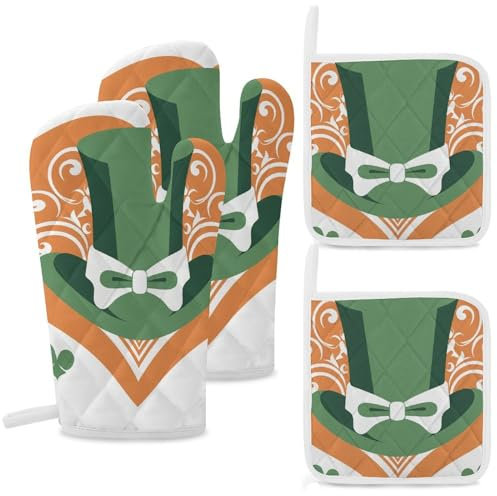 KLOPH 4-teiliges Set Ofenhandschuhe und Topflappen, hitzebeständige Ofenhandschuhe und Topflappen, handgezeichneter grüner Hut, Grillhandschuhe, heiße Pads, Kochhandschuhe für Küche, Backen, Grillen,