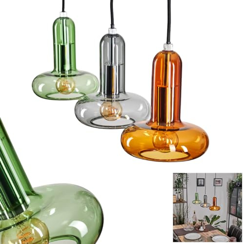 HOFSTEIN Pendelleuchte Salavisa, moderne Pendellampe aus Metall/Glas in Schwarz/Bernstein/Rauch/Grün, Hängeleuchte im Retro-Design, Schirme aus Glas Ø 15 cm, Höhe max. 173 cm, 3x E14, Esszimmer, Küche