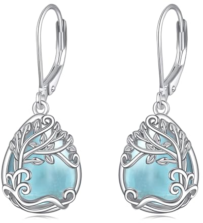 Aquamarin Baum des Lebens Ohrringe für Damen 925 Sterling Silber Lebensbaum Tropfen Ohrringe Leverback Schmuck Geschenke