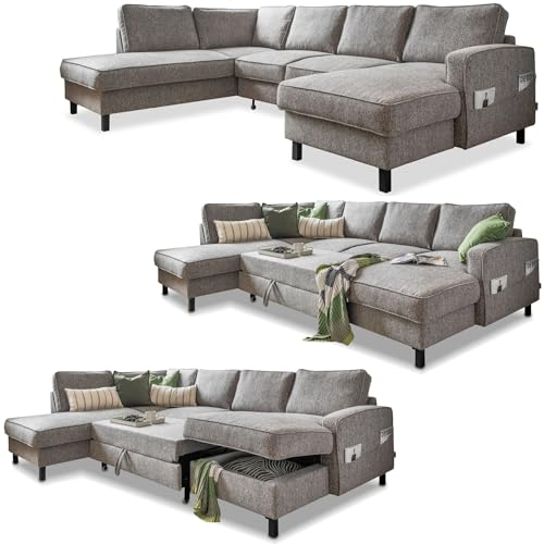 MIUFORM Molly U mit Bettkasten | limitierter Polsterstoff | 8 Sitzer Ecksofa | L-Form Links | 298 x 198 x 88cm Couch | Klappsofa mit Schlaffunktion | Schlafsofa klappbar (Grau)