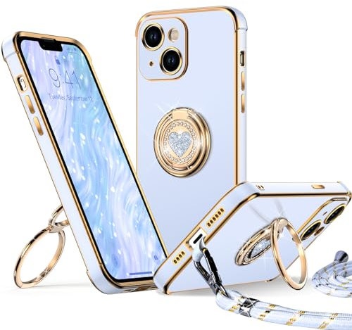 XYZ for iPhone 13 Mini Case with Stand, Double Ring Holder Case Heart with Lanyard for Girls Women, Luxury Cute Bling Minitective Phone Cover Case for iPhone 13 Mini, Blue