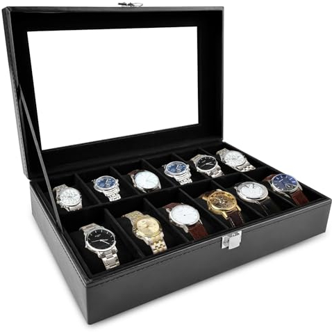 Rseuphiee Uhrenbox mit 12 Fächern, Uhrenkasten mit Glasdeckel, Uhrenkoffer, Herausnehmbare Uhrenkissen, Uhrenbox Herren, Uhrenschatulle für Schmuck, Ringe, Armbänder und Halsketten, Schwarz