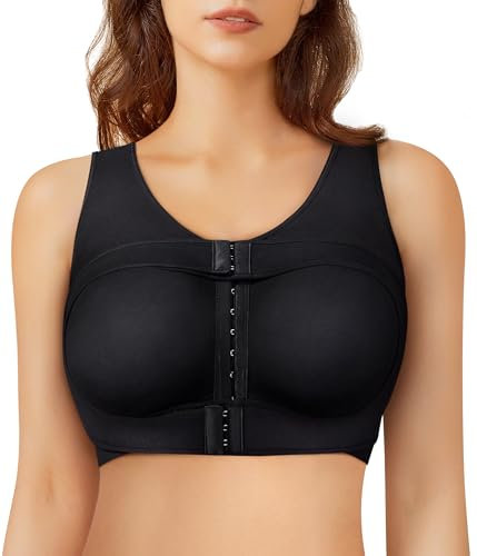 Junlan Post Surgery Sports Bra Front Closure Compression Bra for Women Mastectomy with Removable Breast Support Band (Black,S)
