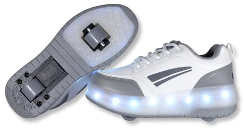 Turnschuhe mit Zwei Rädern und LED-Leuchten. Wiederaufladbar, 16 Lichteffekte. Automatisches Hinterrad. Weiß/Grau. Größe 36