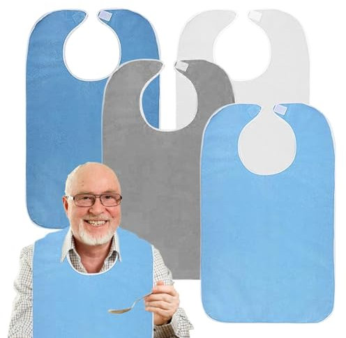 Fiyuer 4 Stück Lätzchen für Erwachsene, Senioren Mehrweg Waschbar Wasserdichte Frottee Lätzchen, Erwachsenen Lätzchen, Unisex Kleiderschutz für Mutter Vater