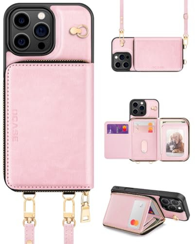 OCASE Hülle für iPhone 16 Pro Handyhülle, RFID-Blockierung PU-Leder Reißverschluss Handtasche Geldbörse Flip Cover, Kickstand Folio Case mit Kartenschlitzen Halter Handgelenkband Lanyard Pink