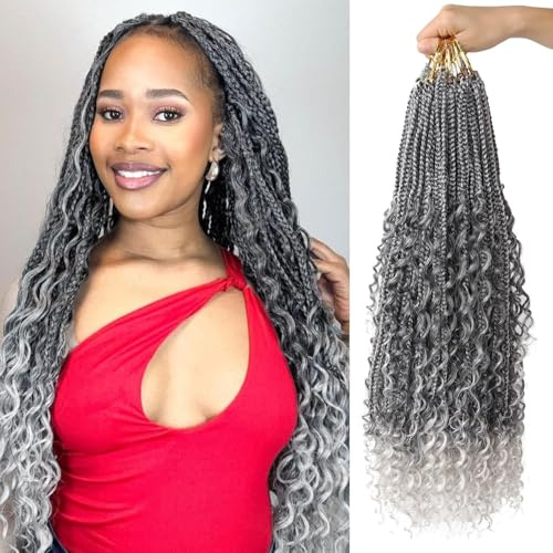 Boho goddess braids extensions hair for Black Women 22 Inch 8 Packs Bohemian Crochet Braids Hair Extensions with Curly Ends Boho Box Braids Crochet Hair (T-silvery-grey, 22 Inch (Pack of 8))
