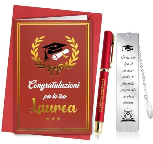 BOFUNX Regalo Laurea - Biglietto Auguri Con Segnalibro Metallo e Penna a Sfera - Regalo di Congratulazioni Gadget Bomboniere Natale