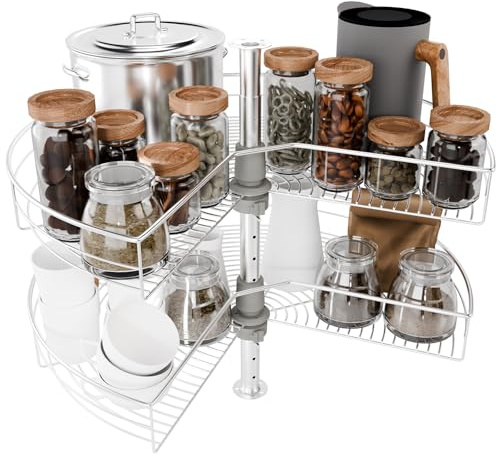 FAHKNS 28 Corner Cabinet Organizer for Kitchen, Fan Shape Lazy Susan Turntable for Cabinet, Stainless Steel 2 Tier Corner Cabinet Turntable, 270°Rotating Storage Rack for Kitchen