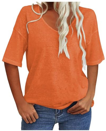 Camiseta de verano para mujer, cuello en V, manga corta, para tiempo libre, camiseta suelta, básica, cómoda, transpirable, para adolescentes, niñas, túnica, naranja, M