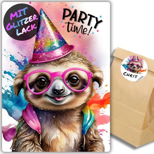 celebr8te 12x Party Faultier Glitzer Einladungskarten - Teenager Kindergeburtstag Jungen & Mädchen - coole Tier Geburtstagseinladungen +12 Sticker +12 Geschenktüten