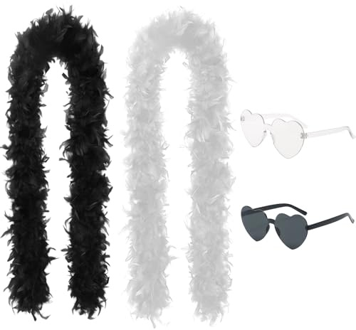 Federboa Weiß und Schwarz, 4-teiliges Set mit Herz-Sonnenbrillen und Federn, 2 Meter Länge, für Partys, Hochzeiten und Kostüme