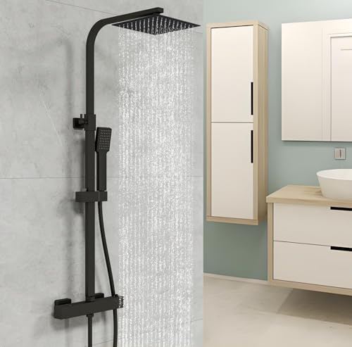 Biubiubath Colonne de Douche Thermostatique avec Mitigeur Réglable en Hauteur, Kit de Douche pour Salle de Bain (Noir)